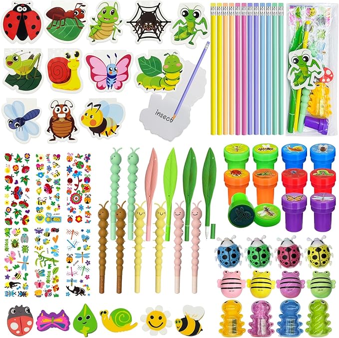 96 Pcs Insect Party Favors，Bug Bee Party Goodie Bags Fillers Bulk，Spring Insects Bug Game Pinata Gift Class Prizes Erasers Pens Pencils Stickers Stamps for School Birthday Spring Summer Party