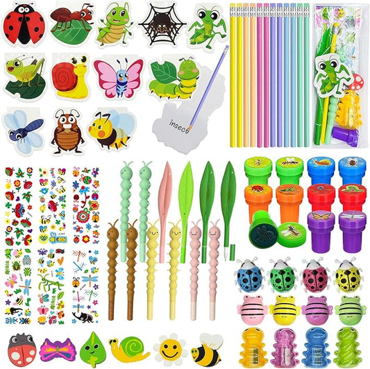 96 Pcs Insect Party Favors，Bug Bee Party Goodie Bags Fillers Bulk，Spring Insects Bug Game Pinata Gift Class Prizes Erasers Pens Pencils Stickers Stamps for School Birthday Spring Summer Party