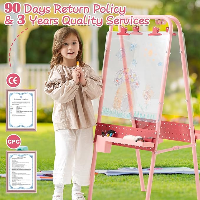 FUNLIO Foldable Outdoor Easel for Kids Aged 3+, Waterproof & Sunproof Kids Easel with 2 Acrylic Boards, Double-Sided Kids Easel with 21 pcs Accessories, Portable & Stable - Pink