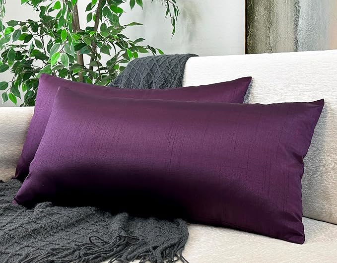 Aiking Home 12x24 Inches Faux Silk Rectangular Throw Pillow Cover, Zipper Closure, Eggplant (Set of 2)