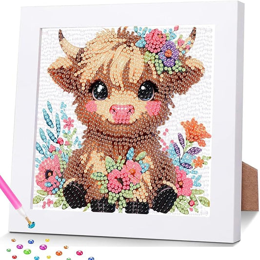hkejoi Highland Cow Diamond Painting Kits for Kids with Frame- Highland Cow Diamond Art Kits, Animal Big Gem Diamond Painting Arts and Crafts Painting Kit for Gift Home Wall Decor 7x7inch