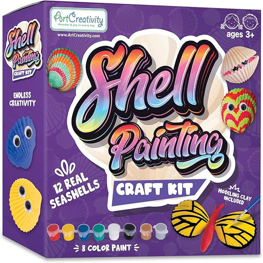 ArtCreativity Seashell Painting Kit for Kids - Sea Shell Craft Kit with 12 Real Seashells, 8 Paint Pots, 2 Glitter Paint Tubes, Air Dry Clay, and More - Summer Arts and Crafts Kits for Girls Ages 4-12