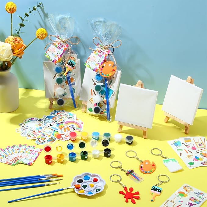 HyDren Paint Party Favors Include Mini Watercolor Paint Set Small Painting Canvas with Easel Palette Brush Paint Stickers Tattoo Sticker Keychain for Class Birthday Art Party(158 Pcs, Classic Style)