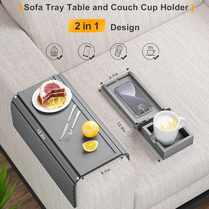Bamboo Couch Armrest Table, Sofa Arm Tray with Detachable Couch Cup Holder- 2 in 1 Anti-Slip Foldable Sofa Armchair Caddy Table for Drinks Cellphone TV Remote Snacks (Gray)