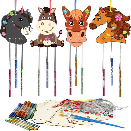 Fennoral 8 Pack Wind Chime Kit for Kids Make Your Own Horse Head Wind Chime Wooden Arts and Crafts for Girls Boys Ornaments DIY Coloring Horse Craft for Art Activity Birthday Party Supplies