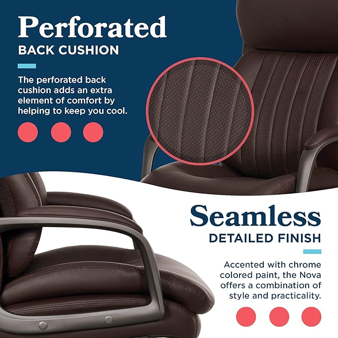 La-Z-Boy Nova Vegan Leather Modern Executive Ergonomic Design Office Chair, Memory Foam Thick Contoured Seat Back with Patented Lumbar Support Technology, Soft to Medium Sit Comfort, Brown