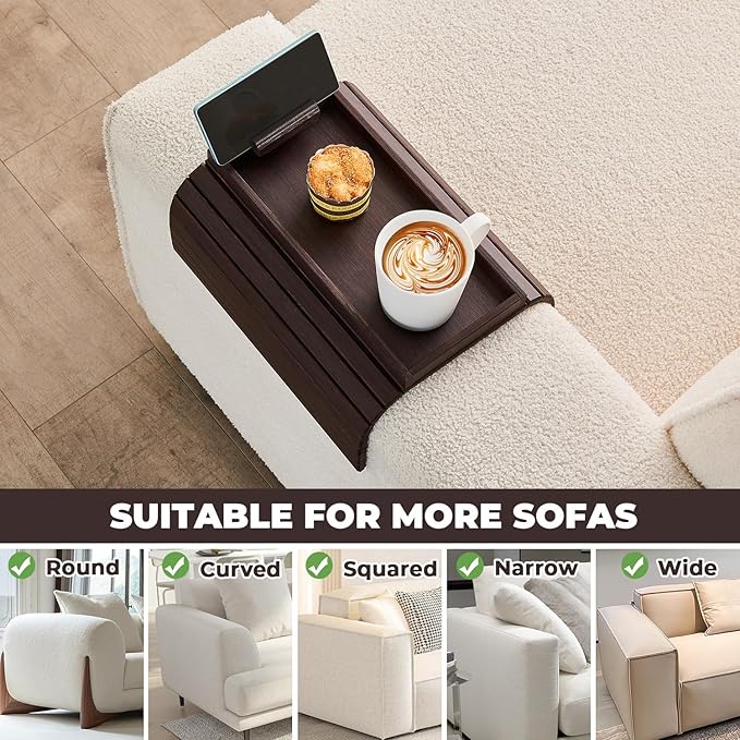 Bamboo Sofa Arm Tray, Anti Falling Couch Arm Tray Armrest Table with 360° Rotating Phone Holder, Foldable and Portable Sofa Armrest Trays Cup Holder for Drink,Cups, Phone, Snacks, Remote