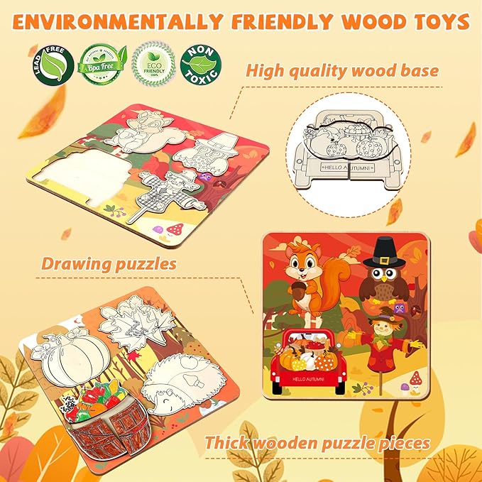 Fall Thanksgiving Wooden Puzzles for Toddlers Autumn Puzzles Coloring Craft Kits for Kids Boys Girls Montessori Toys Harvest Party Favors Treat Bag Gifts Educational Learning Jigsaw Puzzle, 3 Pack
