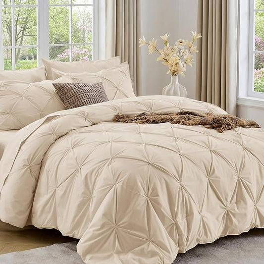 Sasttie Twin Comforter Set, 5-Piece Bed in a Bag, Pintuck Bedding Sets for All Season, Includes Comforter, Flat Sheet, Fitted Sheet, Pillowcase and Pillowsham, Warm Beige