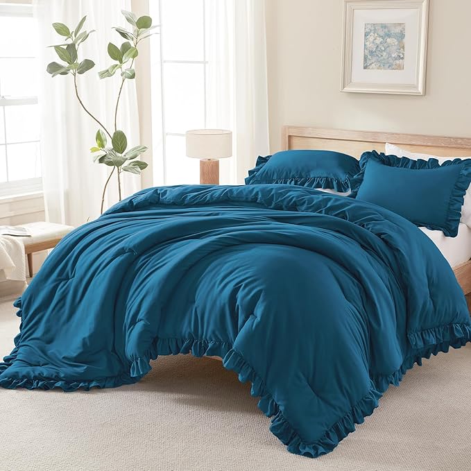 Andency Teal Ruffle Comforter Full (79x90Inch), 3 Pieces(1 Ruffled Comforter and 2 Pillowcases) Solid Farmhouse Shabby Chic Bed, Vintage Rustic Soft Microfiber Bedding Set