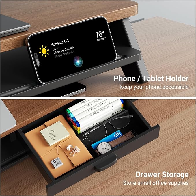 AFOOYO Dual Monitor Stand Riser,LED 2-Tier 39.3 Inch Computer Monitor Stand for 2 Monitors,Office Desktop Organizer with Storage Drawer and Phone Holder for Laptop,PC,Computer,Printer,Walnut