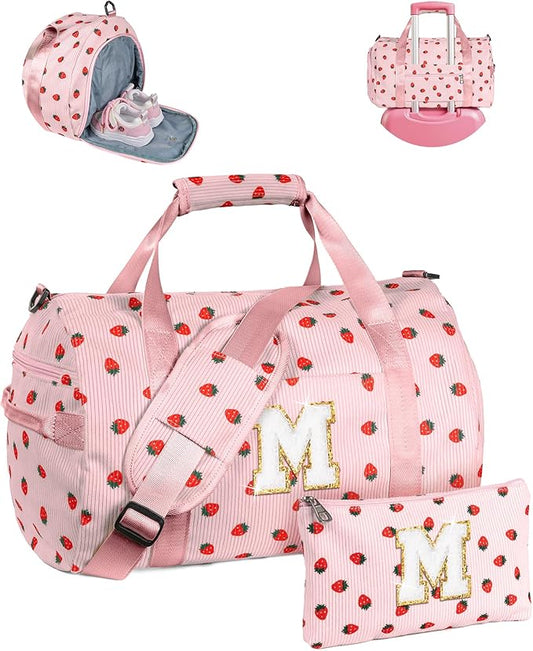 Teenager Girl Gift Ideas, Girls Gym Bag, Kids Personalized Weekend Duffel Bags with Shoe Compartment, Initial Travel Tote with Makeup Pouch, 10 Year Old Girl Birthday Gifts (Letter M)
