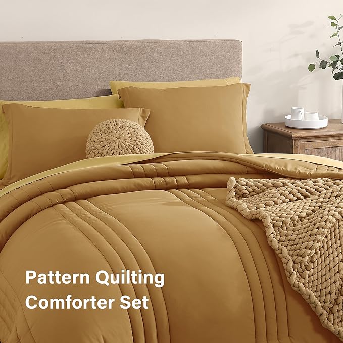 Monbix Queen Comforter Set - 7 Pieces Desert Yellow Bed in a Bag Queen Bedding Sets with Comforters, All Seasons Comforter Bed Set with Sheets, Pillowcases & Shams