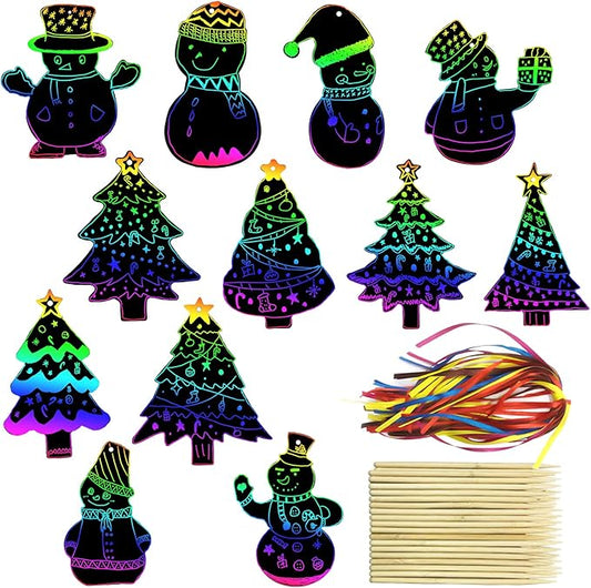 96Pcs Christmas Tree Snowman Scratch Paper Rainbow Color Scratch Ornaments Christmas Decorations Hanging Craft Art Kits with Wooden Stick and Ribbon for Kids Christmas Winter Party Favors