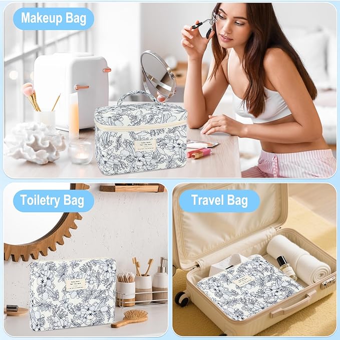 URSKYTOUS 3Pcs Cotton Quilted Makeup Bag for Women Girls Large Small Travel Black Floral Cosmetic Bags Set Cute Coquette Makeup Pouch for Purse Aesthetic Cloth Flower Storage Toiletry Bag Organizer