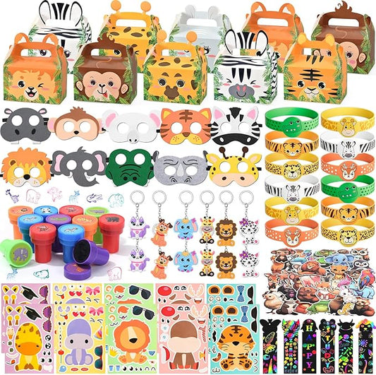 134 Jungle Safari Party Favors Animal Birthday Supplies Zoo Mask Silicone Bracelet Stamp Gift Box Bookmark DIY Sticker Keychain Kid Boy Girl Toy Gift Goodie Bag Stuffer Wild One Party Favors