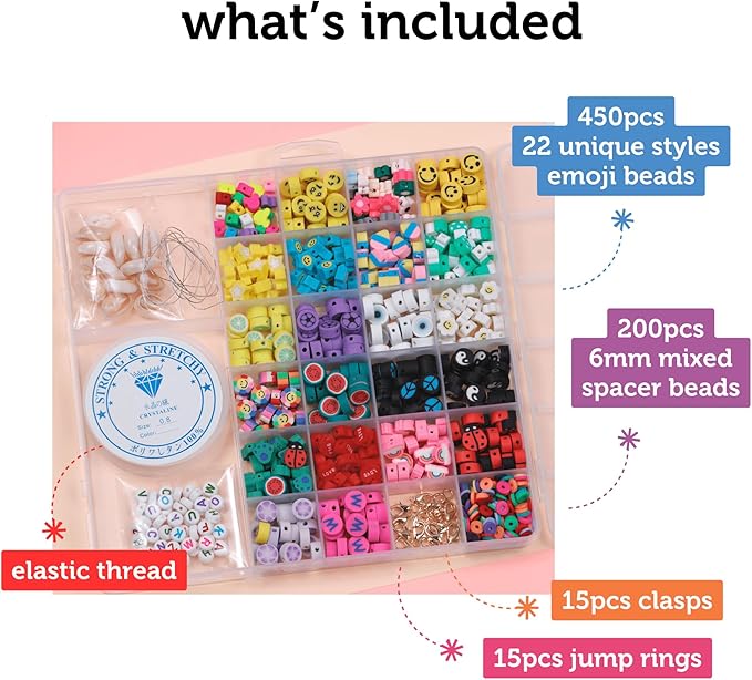 Incraftables Smiley Face Bracelet Beads for Jewelry Making (22 Styles). Friendship Bracelet Kit with Alphabet Beads. Cute Charms for Bracelet Making, Heart, Flower & Fruit Beads for Kids & Adults