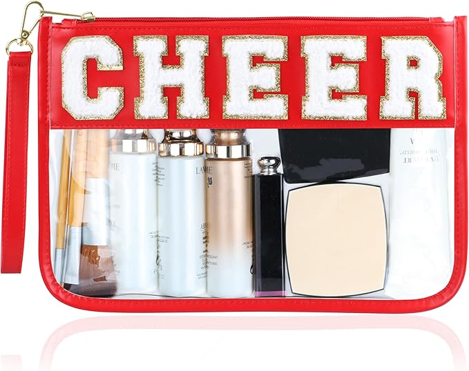 BuyCard Cheer Chenille Letter Bags Clear Makeup Bag, Cheerleader Gifts Cosmetic Bag, Varsity Preppy Patch Flat Pouch Cheer Accessories, Waterproof PVC Organizer Toiletry Bag for Women Girls Red