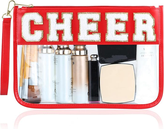 BuyCard Cheer Chenille Letter Bags Clear Makeup Bag, Cheerleader Gifts Cosmetic Bag, Varsity Preppy Patch Flat Pouch Cheer Accessories, Waterproof PVC Organizer Toiletry Bag for Women Girls Red