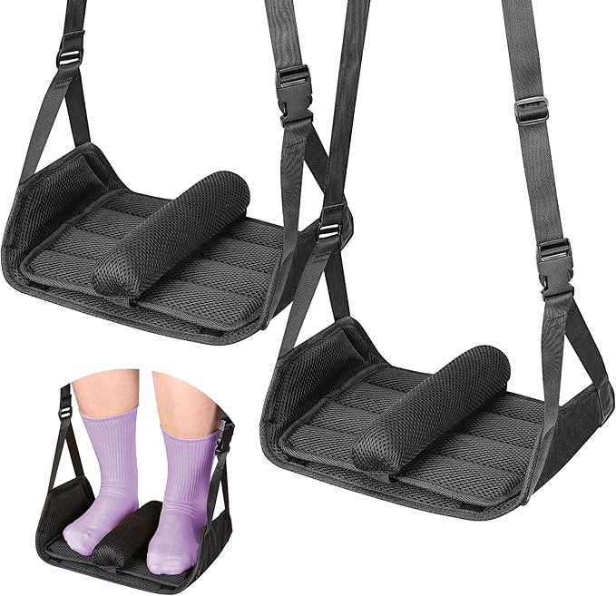 Babenest 2pcs Airplane Foot Hammock, Foldable Leg Rest Support with Adjustable Strap and Thicken Bottom, Portable Under Desk Flight Footrest Holder for Air Travel, Office & Car