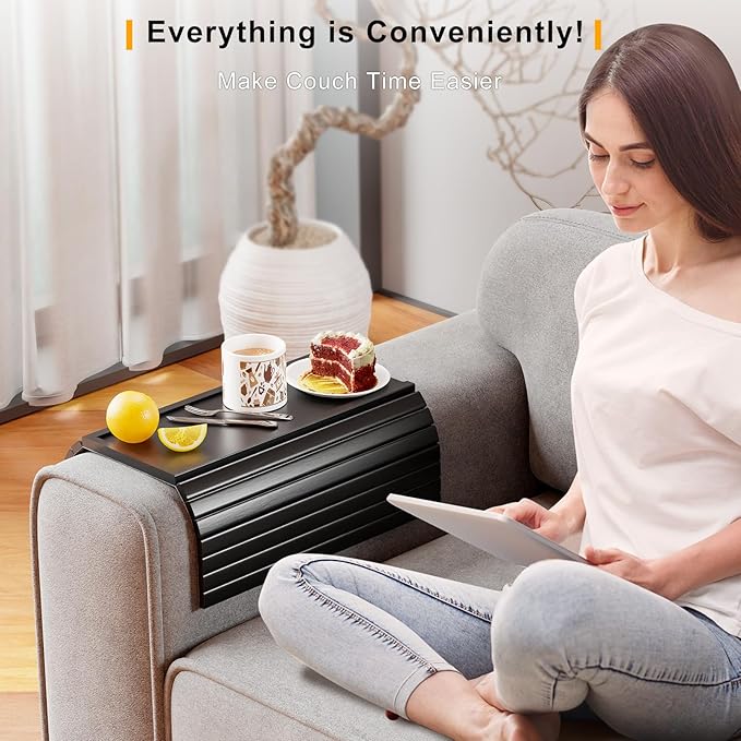 Bamboo Sofa Armrest Tray Table for Couch - 2-in-1 Couch Arm Table with Be Slide Detachable Tray- Anti-Slip Foldable Sofa Armchair Caddy for Drinks Cellphone TV Remote Snacks (Black)