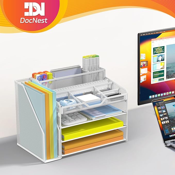 Docnest 4 Tier Mesh Desk Organizer with File Holder – Multi-Functional Paper Letter Tray with 5 Adjustable Compartments, 3 Pen Holders, Desktop Storage for Files, Mail, Stationery – White