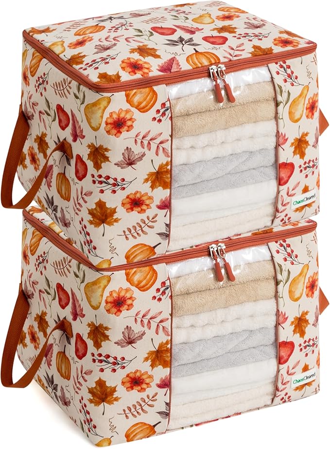 Canvas Storage Bags Designer Organizer 2 Pack – Seasonal Storage for Sweaters, Blankets, Linens & Garments – Foldable Design with Zip & Window, Moth-Proof Space Saver, Autumn Print