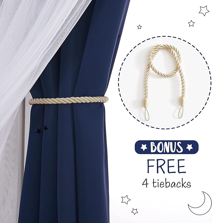 NICETOWN Kids Curtains, Navy Romantic Moon and Stars Double Layer Curtains Blackout Grommet Drapes for Kids Teenagers Bedroom Small Window for Thanksgiving, 2PCs, 52 inches Wide x 63 inches Long
