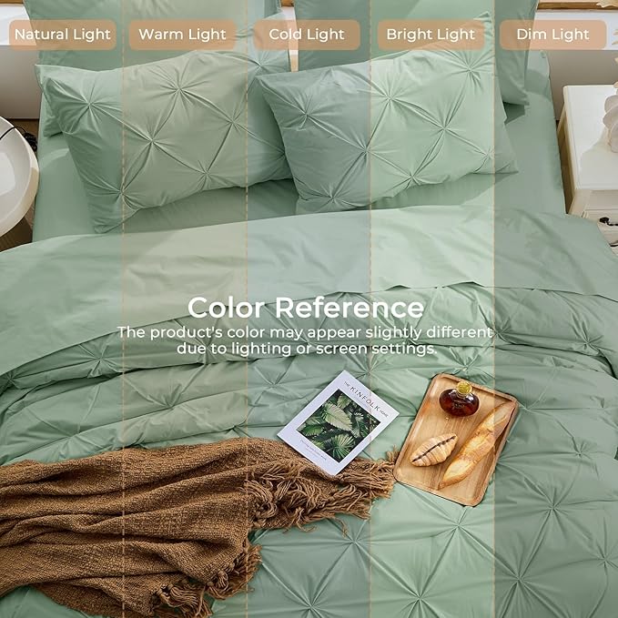 Sasttie Full Size Comforter Set, 7-Piece Bed in a Bag Double, Pintuck Bedding Set for All Season, Includes Comforter, Flat Sheet, Fitted Sheet, Pillowcases and Pillowshams, Sage Green