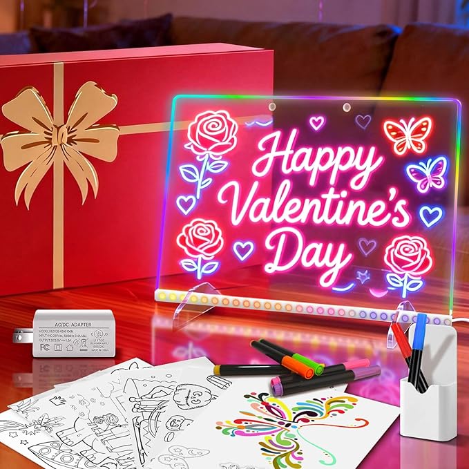 Led Drawing Board for Kids with 8 Colors 6 Modes -13.7"X10" Led Note Board with Colors, Acrylic Dry Erase Board Includes Adapter, 7 Markers, Tracing Paper, Gift for Kids/Girls/Teens/Teen