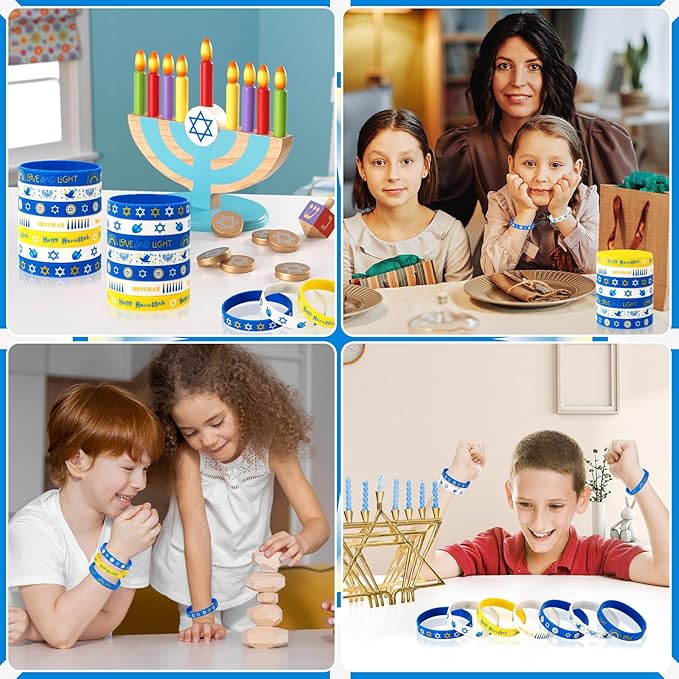 JUNEBRUSHS 42Pcs Hanukkah Party Favors Silicone Bracelets Rubber Chanukkah Wristbands Supplies for Adults Hanukkah Decorations Accessories Goodie Stuffers Fillers(7 Designs)