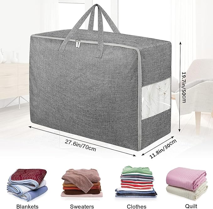 105L Extra Large Storage Bags, Folding Moving Comforter Blanket Storage Bags Closet Organizers and Storage Containers for Clothes with Strong Handles&Zippers Clear Window for Bedding Pillow, Grey