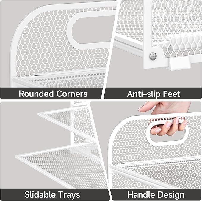 5-Tier Stackable Paper Organizer with Handle, White Metal Mesh Desk Organizer Letter Tray | Office Storage & Organization for Home, School & Workplace
