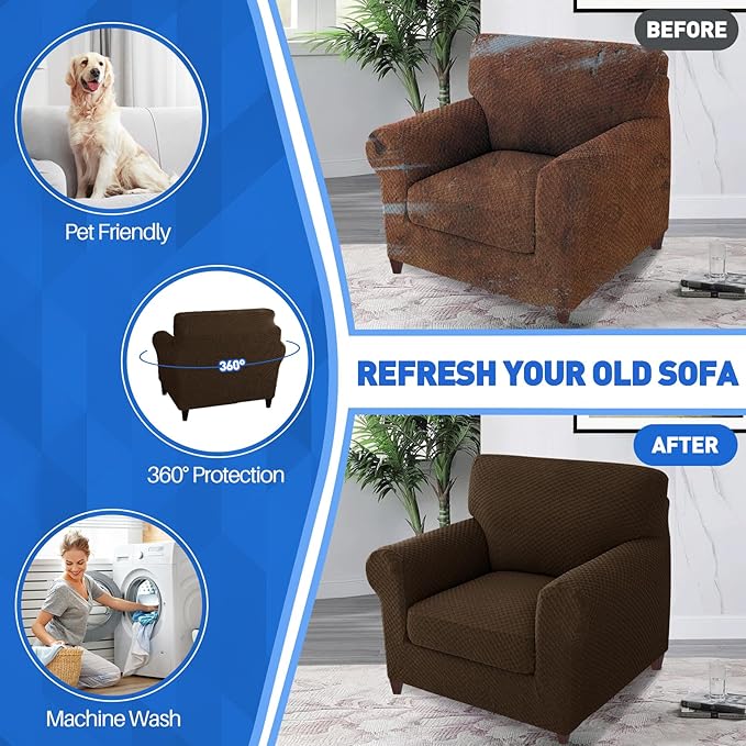 MAXIJIN 2 Piece Jacquard Chair Covers with Arms Super Stretch Non Slip Chair Slipcover for Living Room Dogs Pet Friendly Elastic Sofa Couch Protector Armchair Cover (Chair, Dark Coffee)