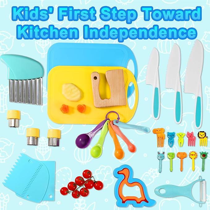 30 Pieces Montessori Kitchen Tools-Kids Cooking Sets Real-Toddler Knife Set for Real Cooking-Toddler Utensils with Safe Knives Crinkle Cutter Cutting Board