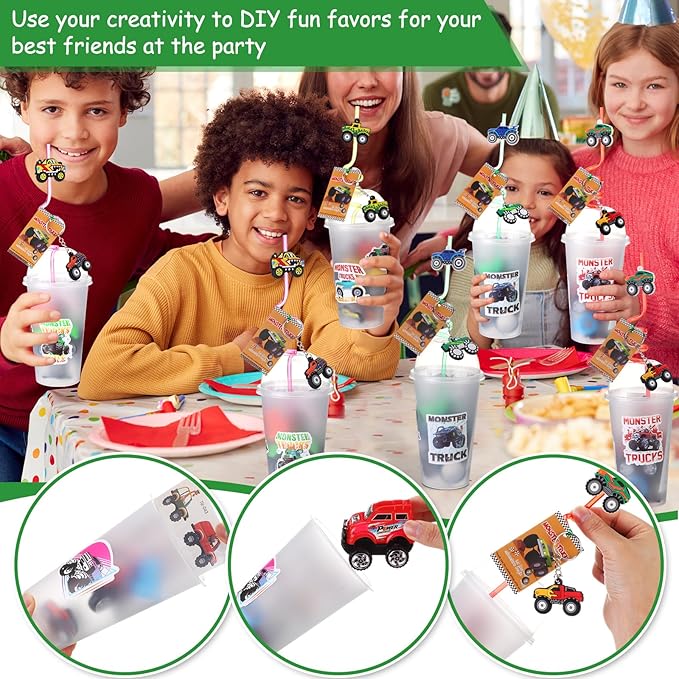 HyDren 171 Pcs Truck Party Favors Included Gift Cup Straw Keychain Slap Bracelet Mini Truck Puzzle Sticker Stamper Card Tattoo Sticker Shovel Sticker Tag Cable Tie for Birthday Gift Prize