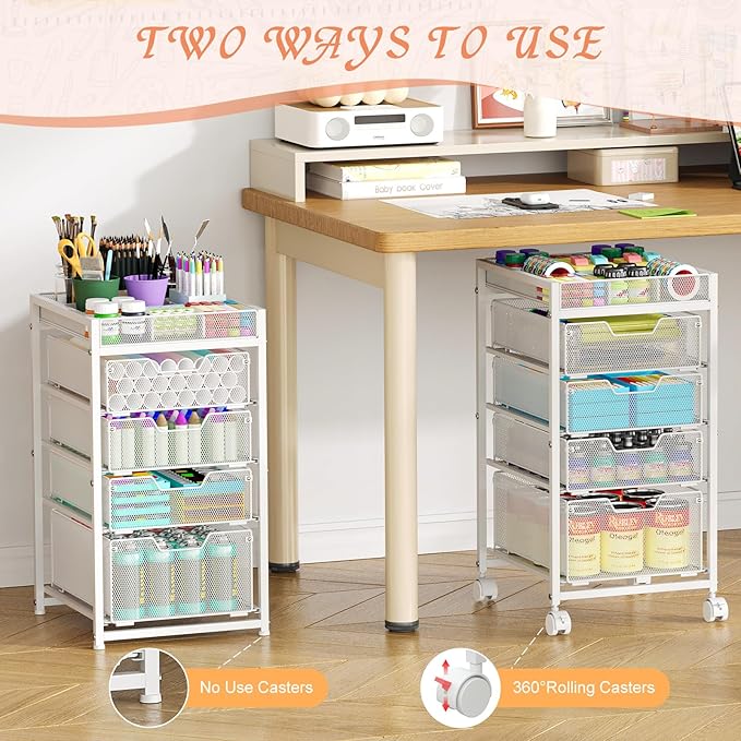 Rolling Utility Cart with 4 Drawers, Craft Organizer and Storage Carts with DIY Divider, Lockable Wheels Storage Organizer for Art Supplies, Store for Brushes & Paints & Artifacts, White