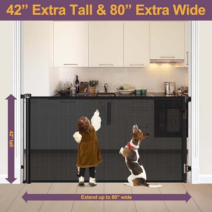 42" Tall X 80" Wide Retractable Baby Gates for Large Openings Extra Tall Dog Gates for Doorway Tall Retractable Pet Gate Tall Mesh Gates for Kids Long Dog Gate for Indoor/Outdoor (Black)