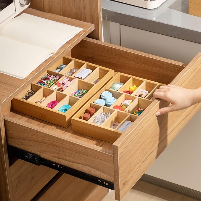 Weysat 2 Pcs Removable Bamboo Wood Desk Drawer Organizer with 8 Dividers 12"x8" Office Desk Organizer Tray Divider Drawer for Office Supplies Makeup Jewelry Vanity