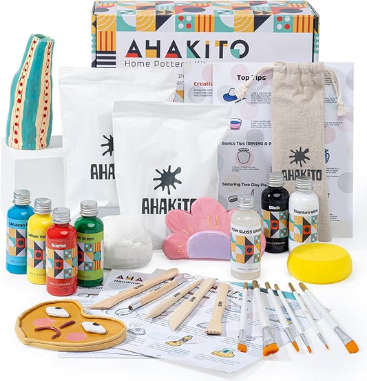 Ahakito Air Dry Clay for Adults, Pottery Clay DIY Kits for Adults Includes: Air Clay, Clay Sculpting Tools, Clay Paint, Brushes, Gloss Varnish for Air Dry Clay and Step-by-Step Comprehensive Guide