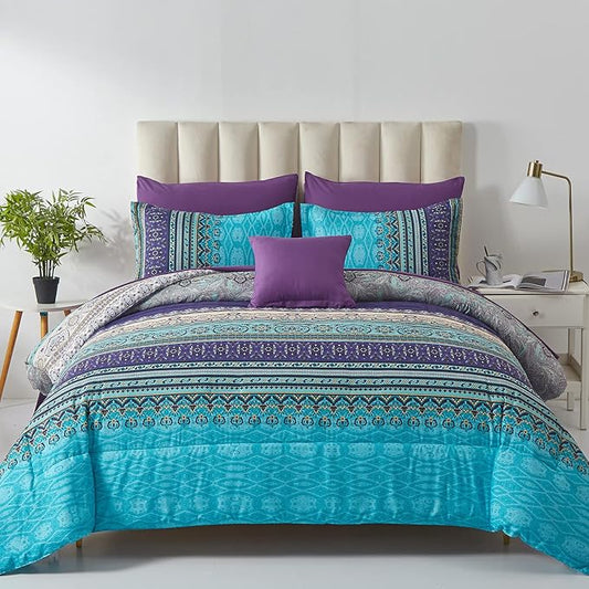 Cottolester Boho Comforter Set Full Size 8 Piece Bed in a Bag Bohemian Striped Bedding Quilt Set Aqua Paisley Floral Comforter and Sheet Set,Soft Microfiber Complete Bedding Sets for All Season