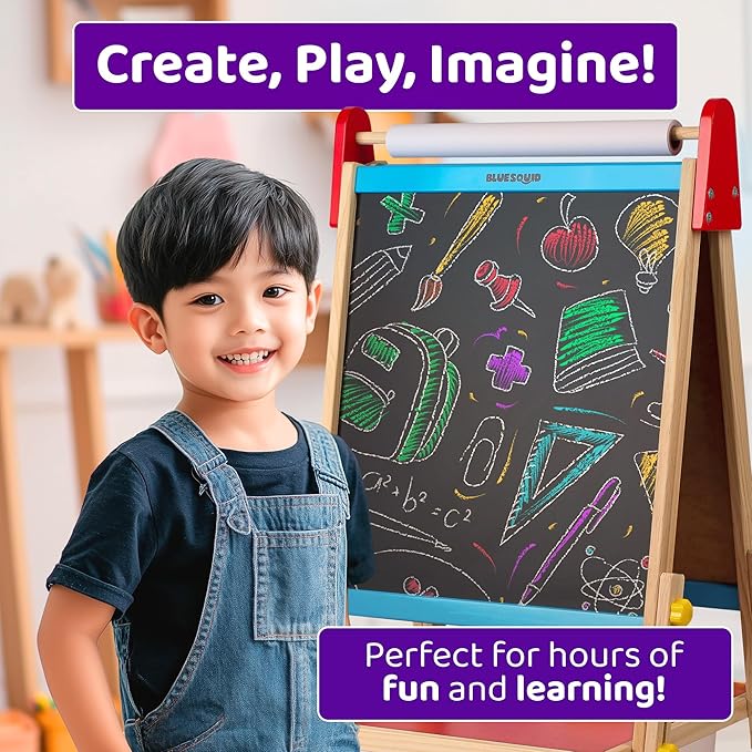 Blue Squid Art Easel for Kids - Dual-Sided Adjustable Wooden Painting Easels, Gift for Toddlers and Kid - with Magnetic Chalk Board, White Board & Paper Roll, (Multicolor +100 Accessories, Premium)