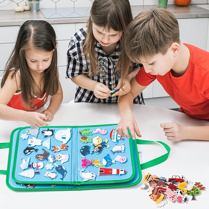 WATINC Portable Board Felt Board Stories Set - 6pack Learning Story Board Gift, Early Educational Travel Storytelling Interactive Play Kit for School Classroom Kids Toddlers (Animals)