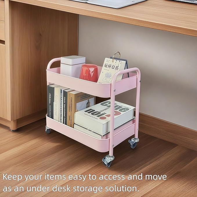 LIWNYRK 2 Tier Pink Rolling Cart with Wheels for Under Desk Storage, Large Capacity Rolling Pantry & Kitchen Storage Cart for Small Space, Sturdy Metal Bathroom Shelf Laundry Room Organization