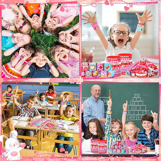 JUNEBRUSHS 50Pcs Valentines Day Party Favors Slap Bracelets Rubber Bracelets, Assorted Silicone Wristbands Snap Bracelets Valentines School Classroom Gifts Valentines Day Goodie Bag Stuffers