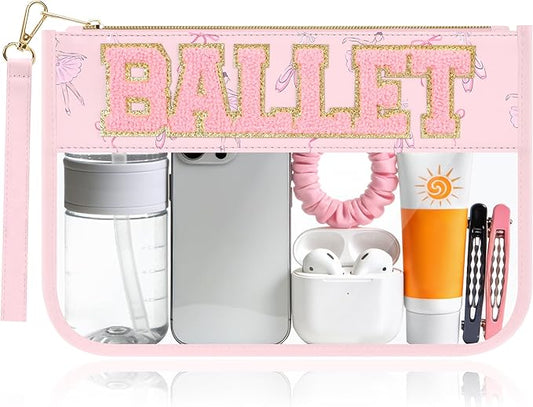 BuyCard Ballet Gifts Cosmetic Makeup Bag with Chenille Letter Patch, Clear Pouch PVC Organizer Purse, Waterproof Travel Bag, Portable Toiletry Storage Bag for Her Girls Friends Women