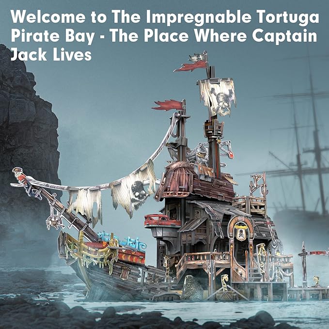 CubicFun 3D Puzzles for Adults Kids Tortuga Pirate Bay Cool Pirate Shipwreck Home Decor Indoor Model Kits Ragged Pirate Ship Crafts for Adults Birthday Gifts for Kids Women Men Teen Boy Room Decor