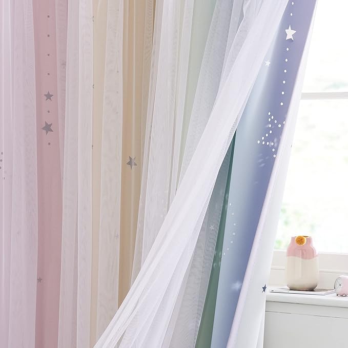NICETOWN Nursery Blackout Curtains for Girls,Adult 2 Panel Sets, Moon Stars Kids Curtains Double Layer Window Drapes Coverings for Bedroom Living Room, 52 x 84 Inch, Rainbow