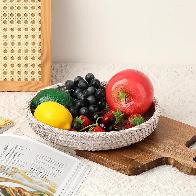 Hipiwe Round Key Bowl for Entryway, 9" Decorative Rattan Tray Woven Wicker Storage Holder Serving Basket Tray for Fruit Snacks Candy, Whitewash