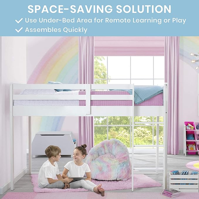 Delta Children Twin Loft Bed with Guardrail and Ladder + Tent [Bundle], White/Chevron